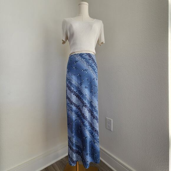 Vintage 90s Blue Floral Striped Maxi Skirt Pull On Side Hem Split M - Picture 1 of 13